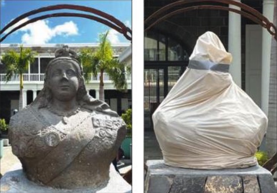 Port-Louis : Le buste de la reine Victoria recouvert